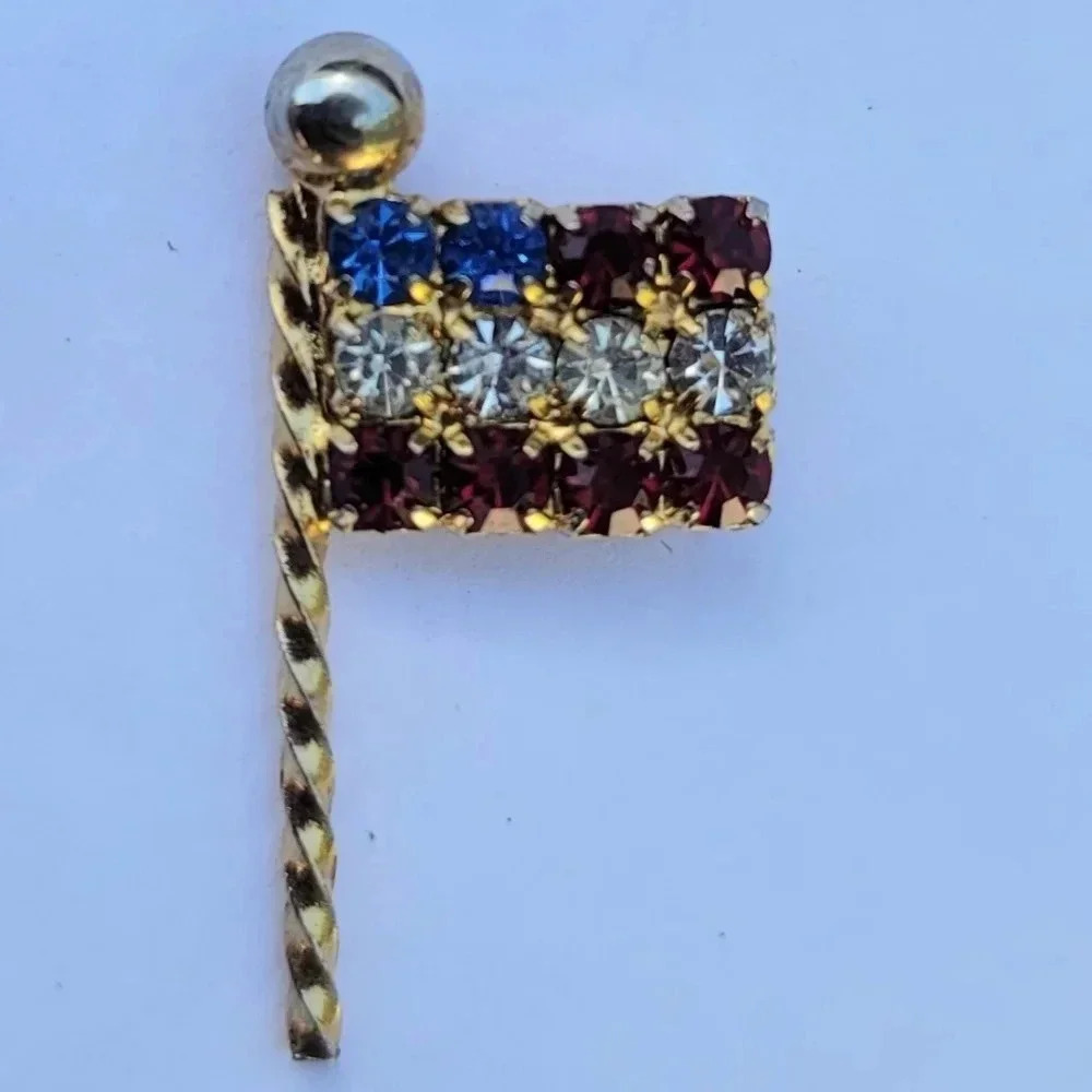Ballou Reg'd US Jewelry American Flag USA Gold Tone  Pin Brooch Stones Army Gift